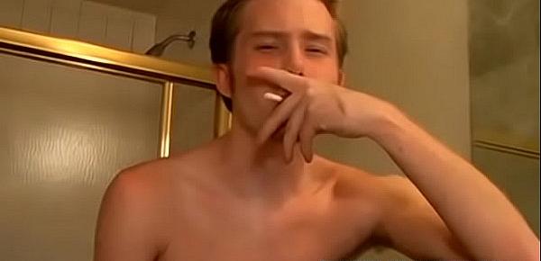  Solo jerk off session with young big dicked twink smoker